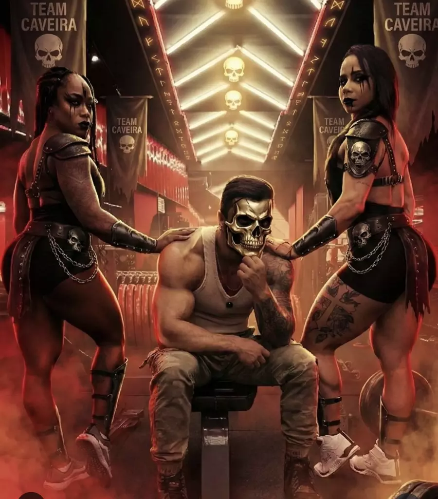 Arte do Team Caveira com Marlon e duas atletas em uma academia